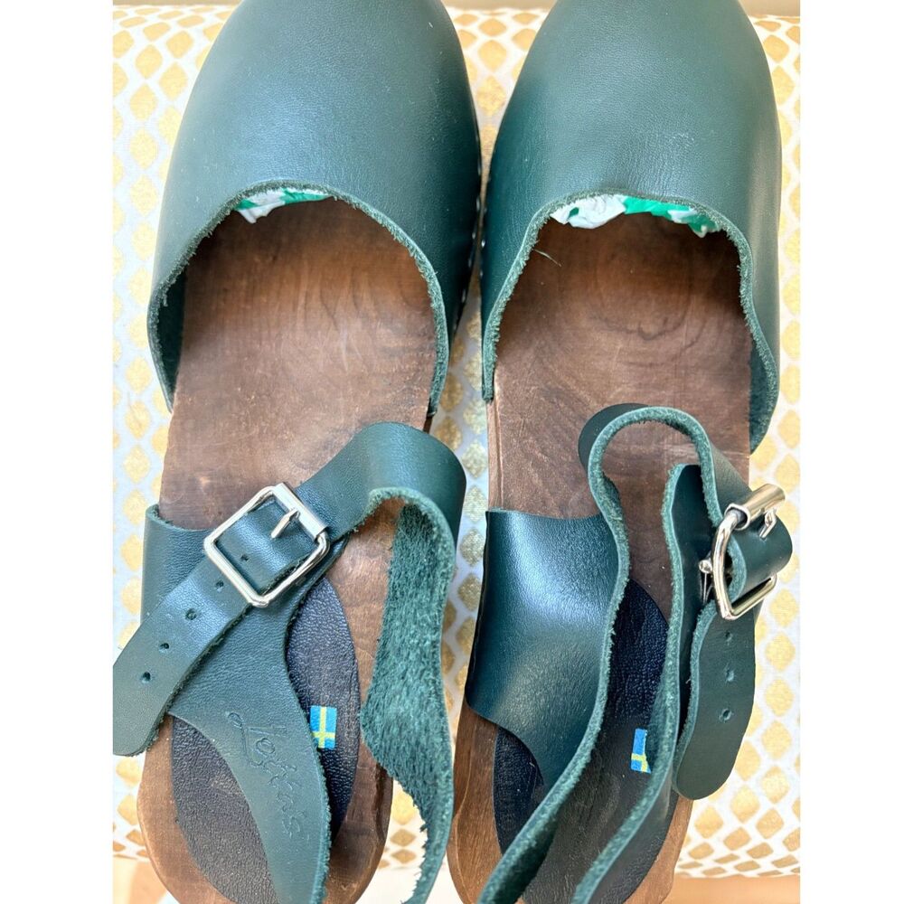 Lotta from Stockholm Dark Hunter Forest Green Leather Wood Heel Clog Sandals 41 - Picture 10 of 14